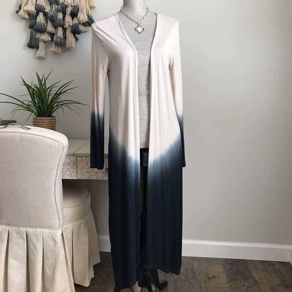 Long Open Front Dip-Dye Cardigan - Cream to Navy